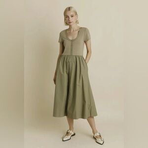 AUREUM Pointelle Knit Shirt Midi Dress Olive Green Size Medium Cottagecore